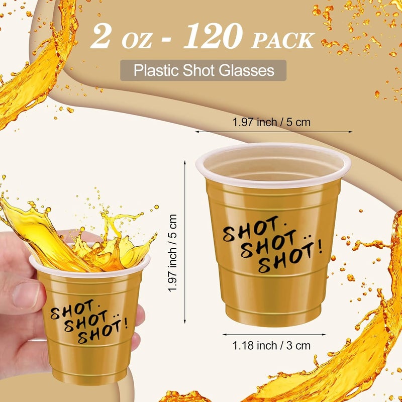 cssopenss 120 pcs Gold Plastic Shot Glasses Mardi Gras shot glasses 2 oz gold shot cups disposable for drinking Tastings served Snacks Jello Tastings and Samples - Image 2